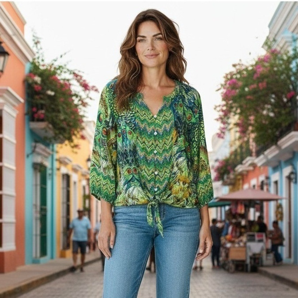 Fig and Flower Blouse Medium Green Peacock Feather Print Boho Tie Front Festival